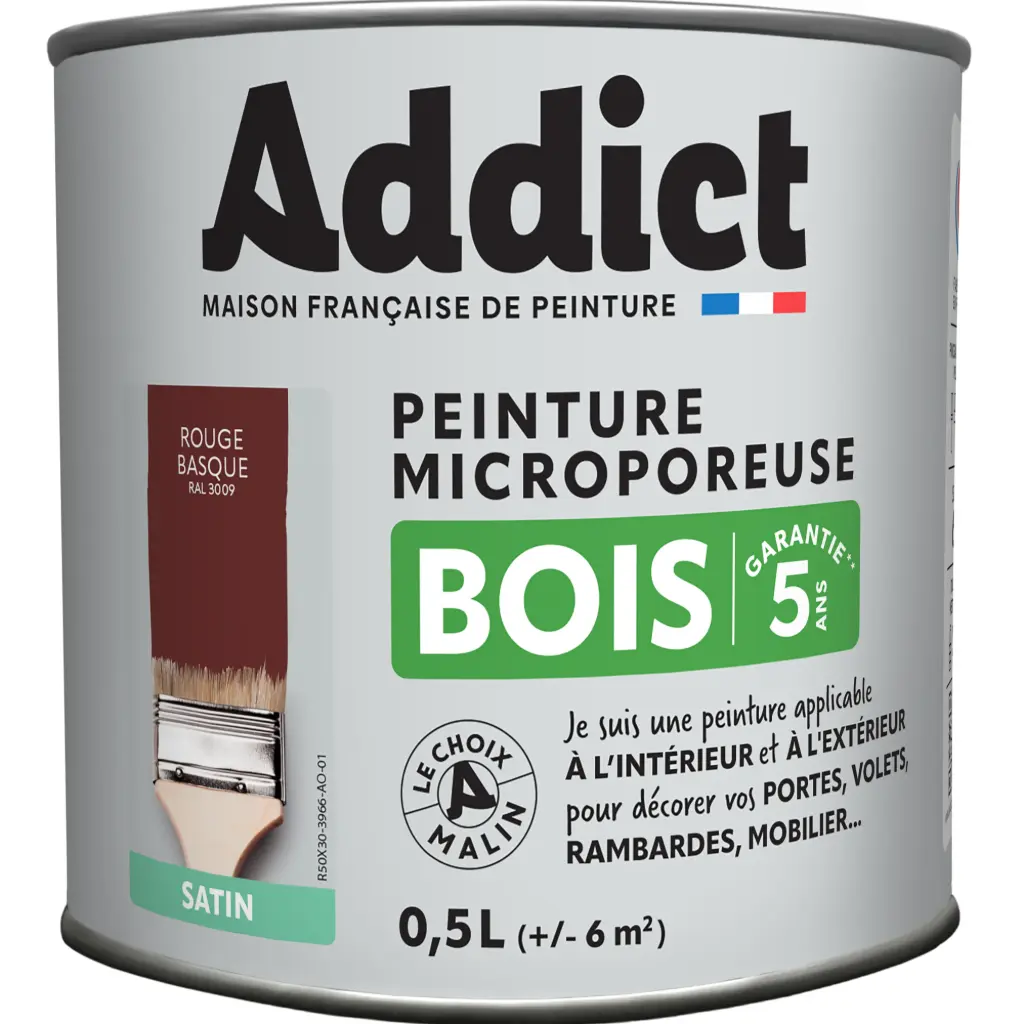 PEINTURE BOIS SATINEE 0,5 L ROUGE BASQUE RAL 3009 ADDICT