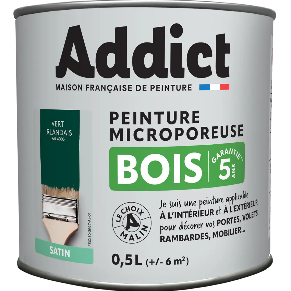 PEINTURE BOIS SATINEE 0,5 L VERT IRLANDAIS RAL 6005 ADDICT