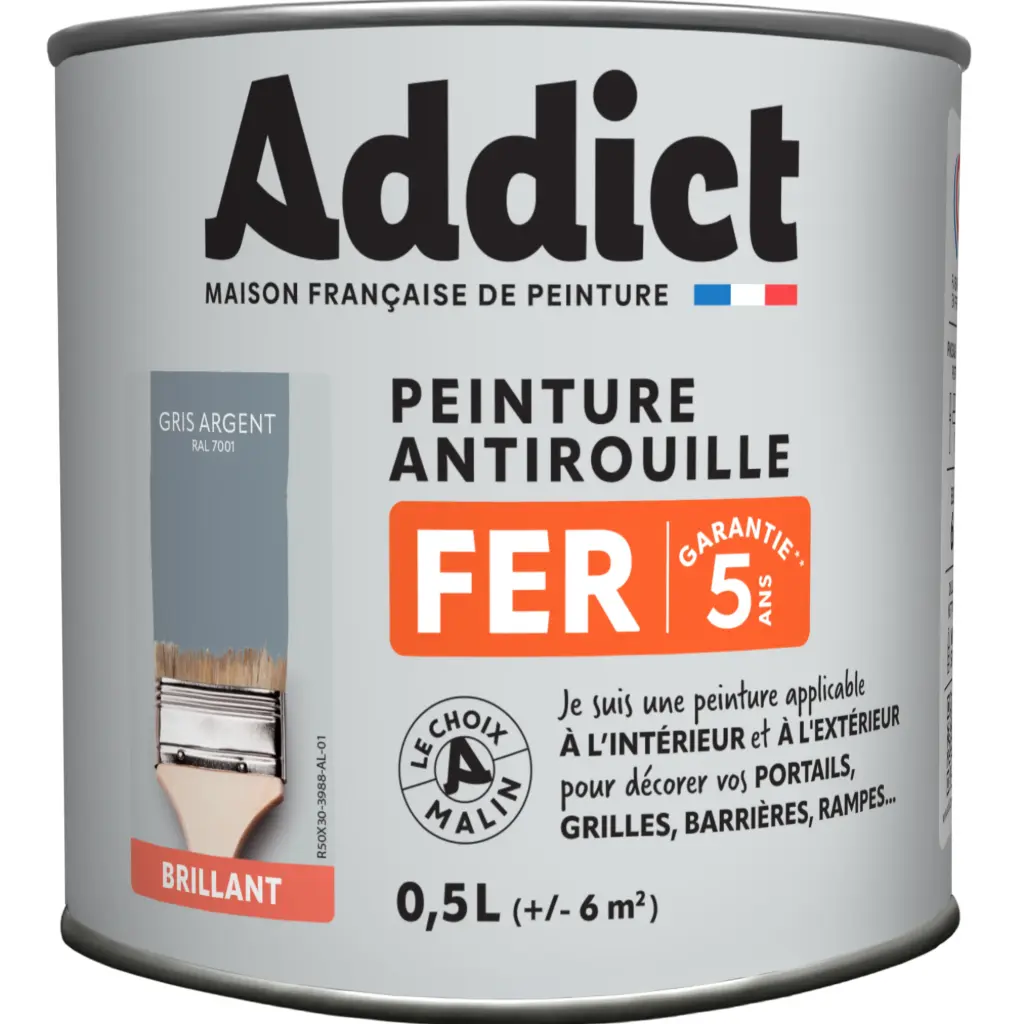 PEINTURE FER BRILLANTE 0,5 L GRIS ARGENT RAL 7001 ADDICT