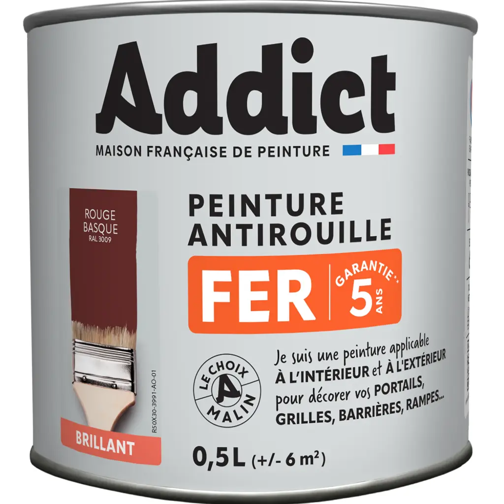 PEINTURE FER BRILLANTE 0,5 L ROUGE BASQUE RAL 3009 ADDICT