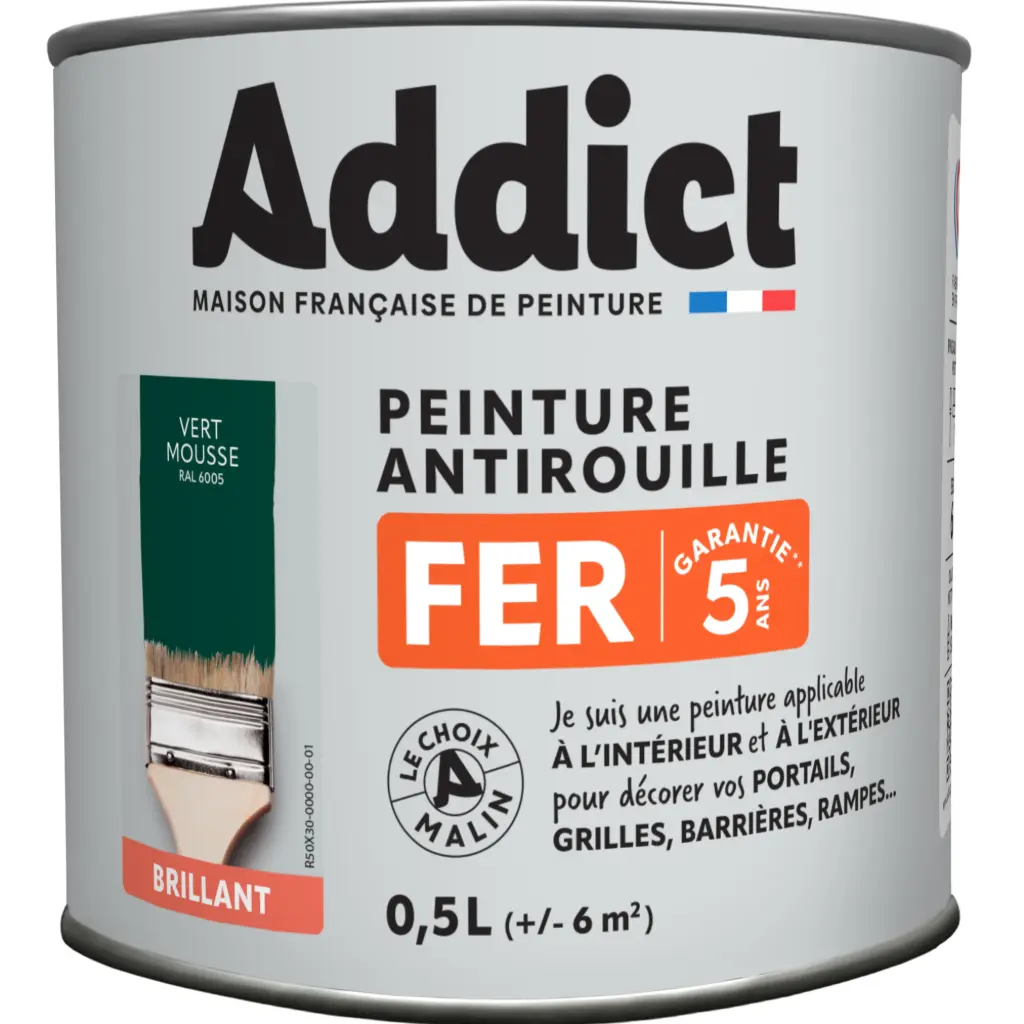 PEINTURE FER BRILLANTE 0,5 L VERT MOUSSE RAL 6005 ADDICT