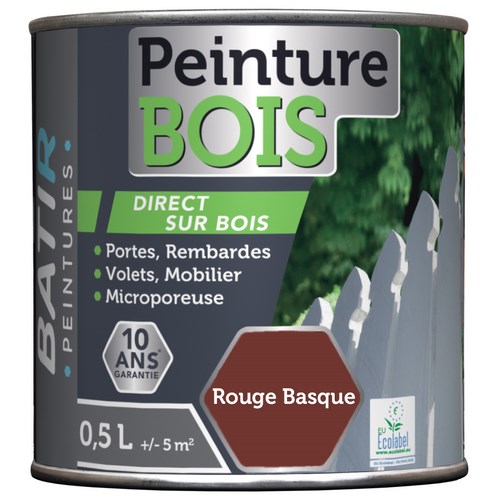 PEINTURE BOIS SATINEE 0,5 L ROUGE BASQUE ECOLABEL