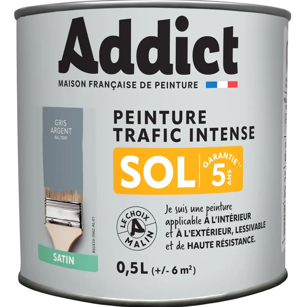 PEINTURE SOL SATINEE 0,5 L GRIS ARGENT RAL 7001 ADDICT