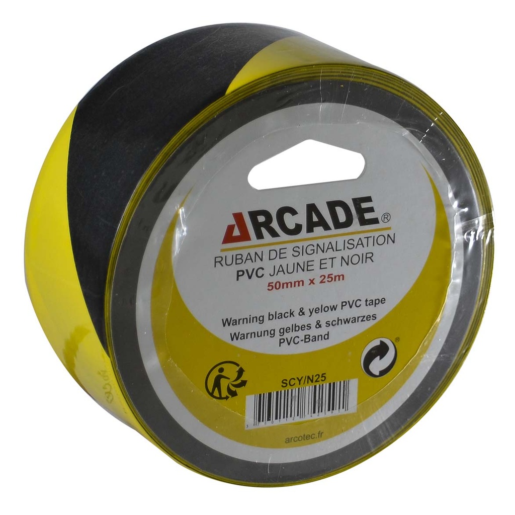 RUBAN SIGNALISATION JAUNE NOIR 25MX50 MM