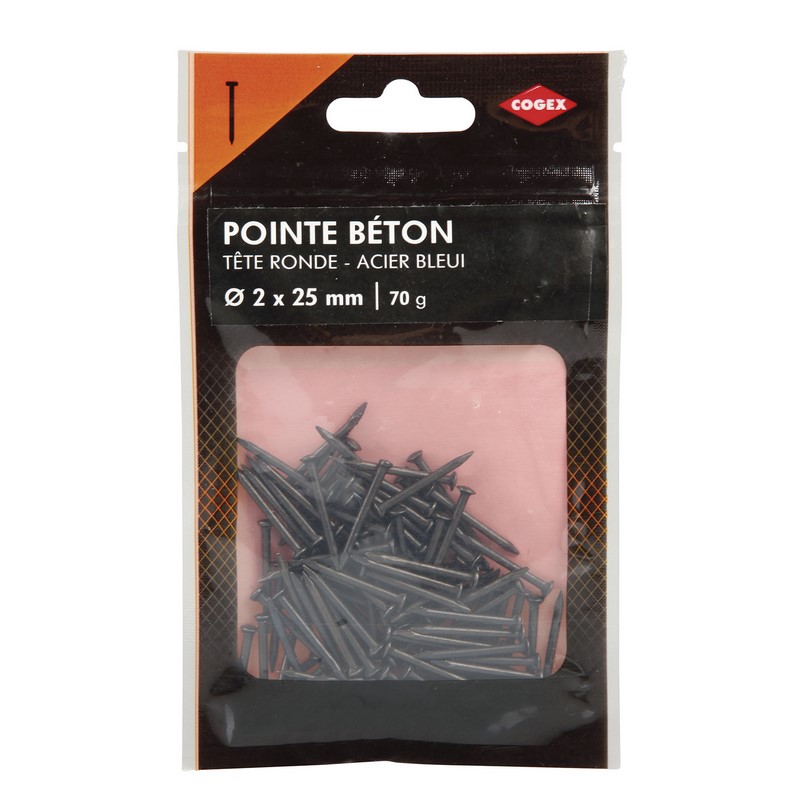POINTE A BETON TETE RONDE ACIER BLEUI 2X25MM 70G
