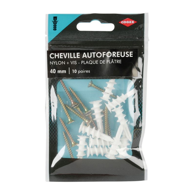 CHEVILLE NYLON PLACO A VISSER AUTOFOREUSE 40MM + VIS 10 PAIRES