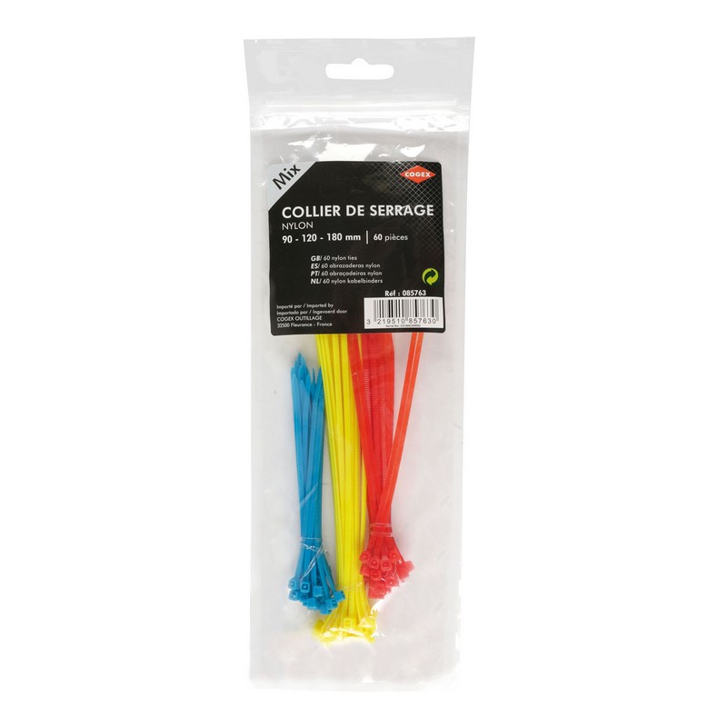 COLLIER NYLON ASSORTIMENT 3 TAILLES 3 COULEURS  60 PCS
