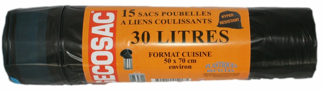 ROULEAU SACS POUBELLE 30L A LIENS COULISSANTS 30µ X15