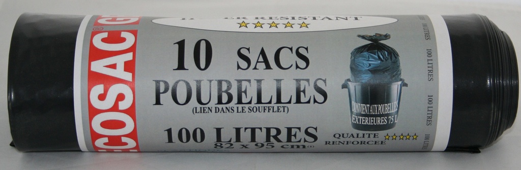 ROULEAU SACS POUBELLE NOIR 100L RENFORCE 65µ X10 A LIEN