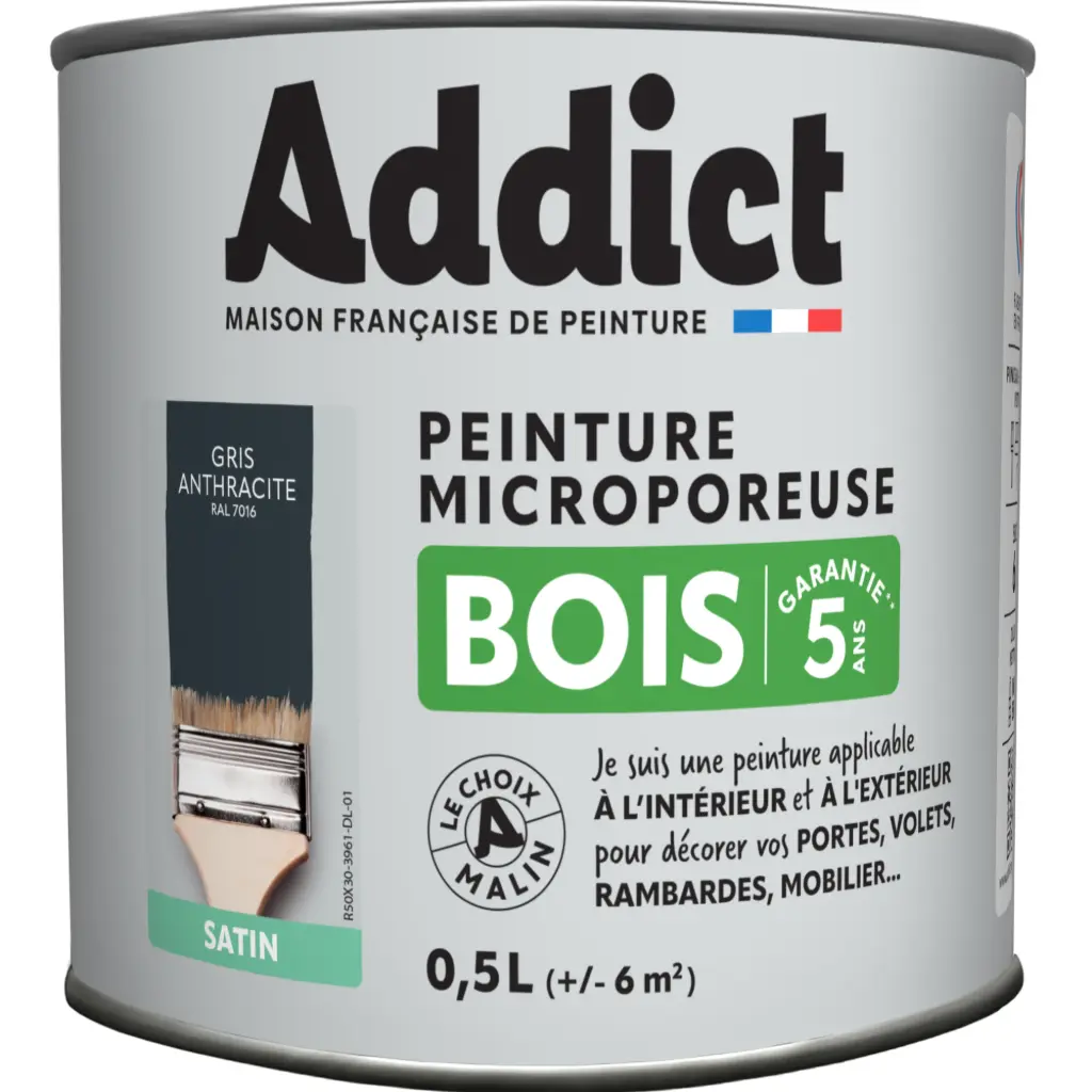 PEINTURE BOIS SATINEE 0,5 L GRIS ANTHRACITE RAL 7016 ADDICT
