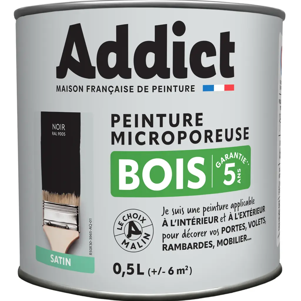 PEINTURE BOIS SATINEE 0,5 L NOIR RAL 9005 ADDICT