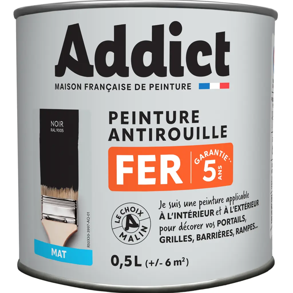 PEINTURE FER MAT 0,5 L NOIR RAL 9005 ADDICT