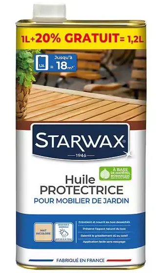 STARWAX HUILE PROTECTRICE MOBILIER DE JARDIN BOIS 1L +20% GRATUIT