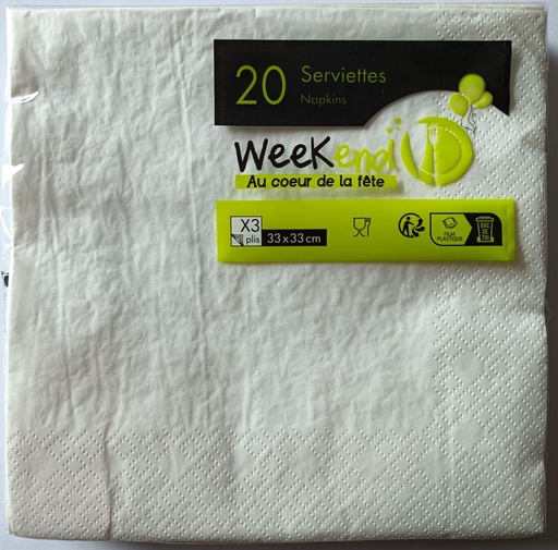 [6109355] SERVIETTE 33X33 cm BLANC *20 - 3 PLIS
