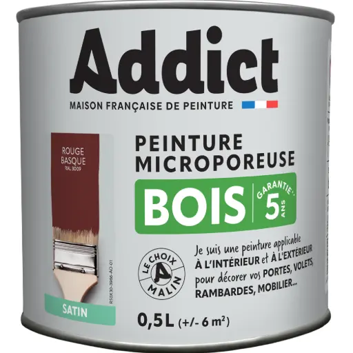 [3020182] PEINTURE BOIS SATINEE 0,5 L ROUGE BASQUE RAL 3009 ADDICT