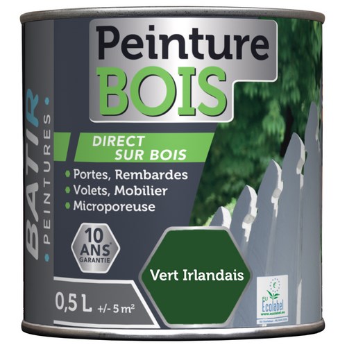 [3020383] PEINTURE BOIS SATINEE 0,5 L VERT IRLANDAIS ECOLABEL