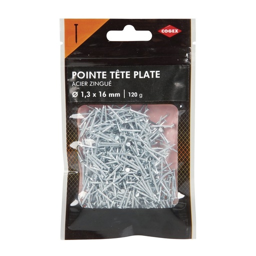 [0009910] POINTE A TETE PLATE ACIER 1.3X16MM 120G