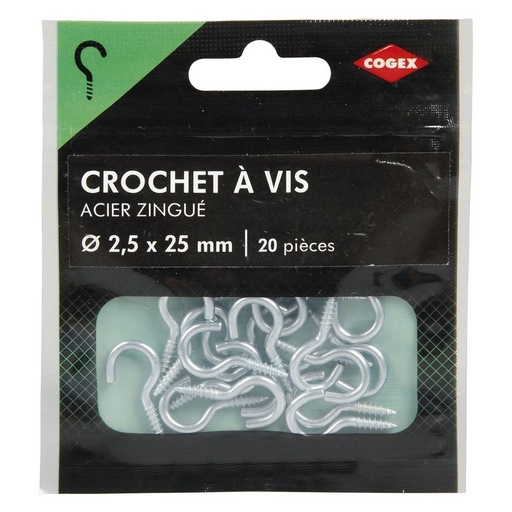 [0009914] CROCHET A VIS ACIER ZINGUE 2,5X25MM 20 PCS