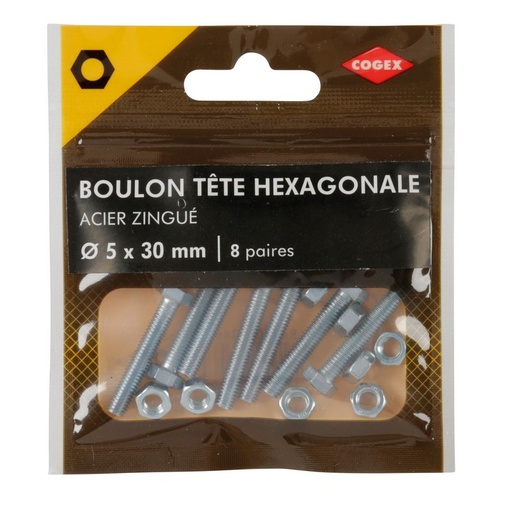 [0009924] BOULON TETE HEXA + ECROU 5X30MM 8 PAIRES