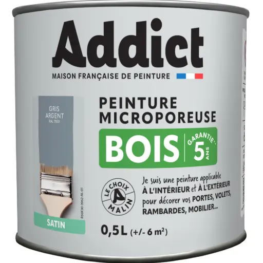 [3020186] PEINTURE BOIS SATINEE 0,5 L GRIS ARGENT RAL 7001 ADDICT