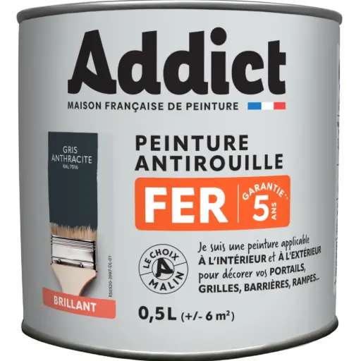[3020206] PEINTURE FER BRILLANTE 0,5 L GRIS ANTHRACITE RAL 7016 ADDICT
